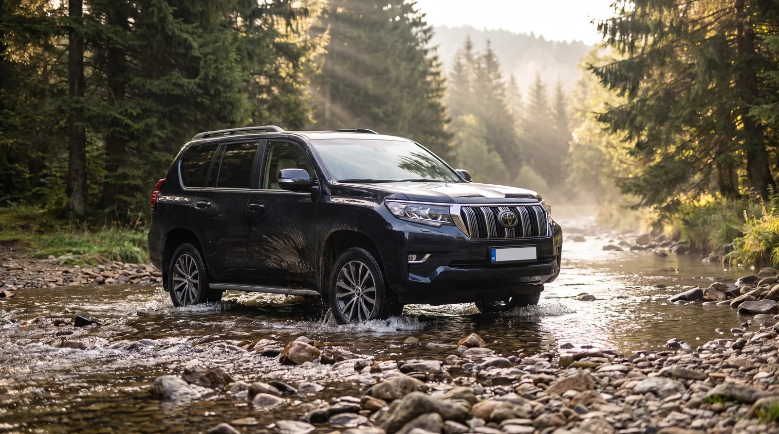 Toyota Land Cruiser in einer flachen Waldfurt im Böhmerwald, Wasser unterhalb der Radmitte, Morgenlicht