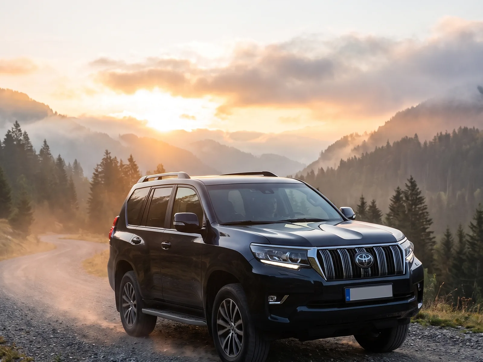 Toyota Land Cruiser auf einem Pass im Staub bei Sonnenuntergang