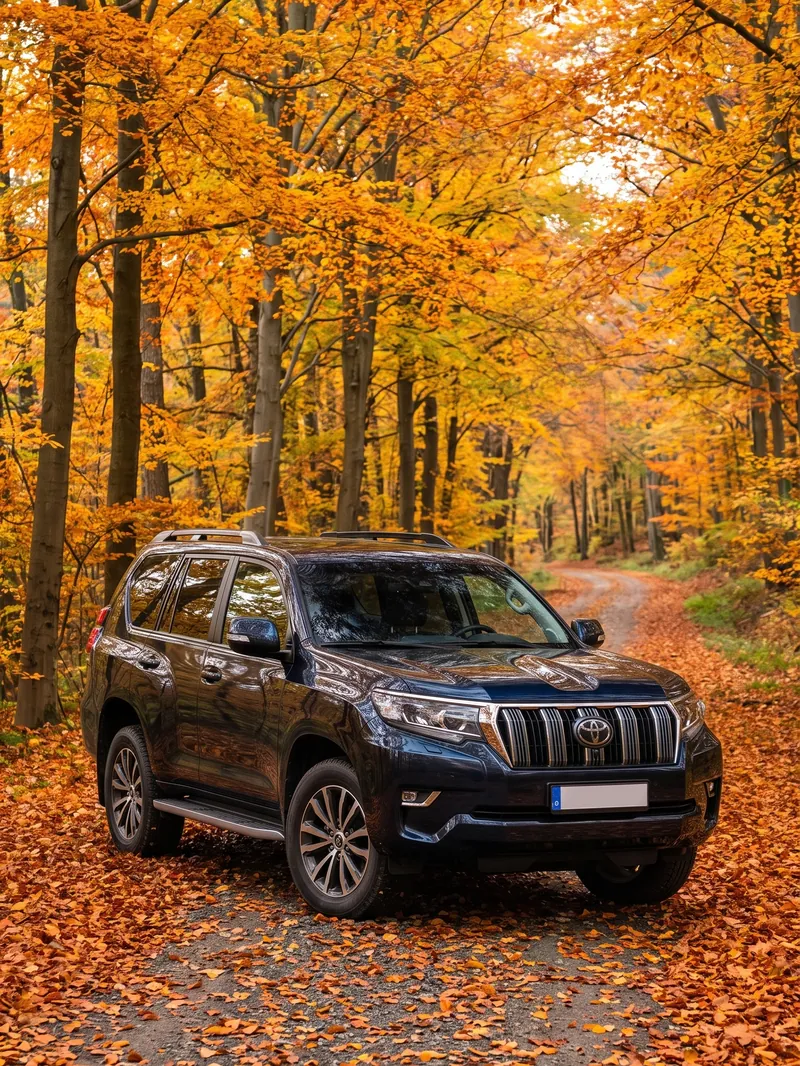 Toyota Land Cruiser auf einem herbstlichen Waldweg