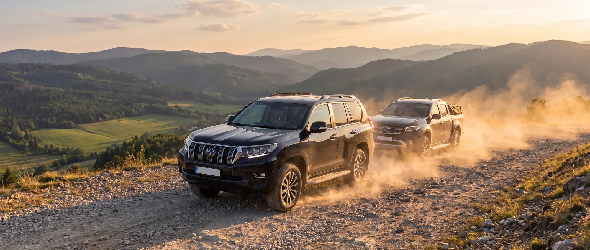 Toyota Land Cruiser и Mercedes-Benz X с закрытой палаткой на кузове на пыльном горном перевале в сумерках